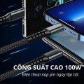 Dây cáp sạc nhanh công suất 100W 3 trong 1 bọc dù chống dứt, chống rối