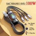 Dây cáp sạc nhanh công suất 100W 3 trong 1 bọc dù chống dứt, chống rối