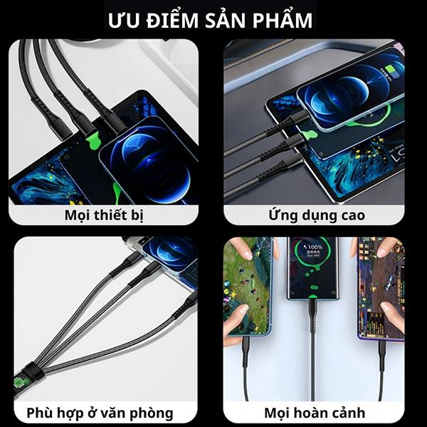 Dây cáp sạc nhanh công suất 100W 3 trong 1 bọc dù chống dứt, chống rối