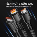 Dây cáp sạc nhanh công suất 100W 3 trong 1 bọc dù chống dứt, chống rối