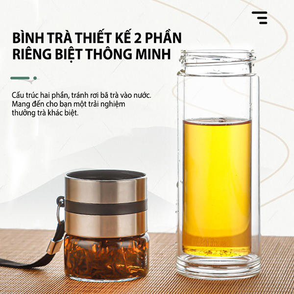 Bình thuỷ tinh 350ml giữ nhiệt 2 lớp lưới lọc tiện dụng 