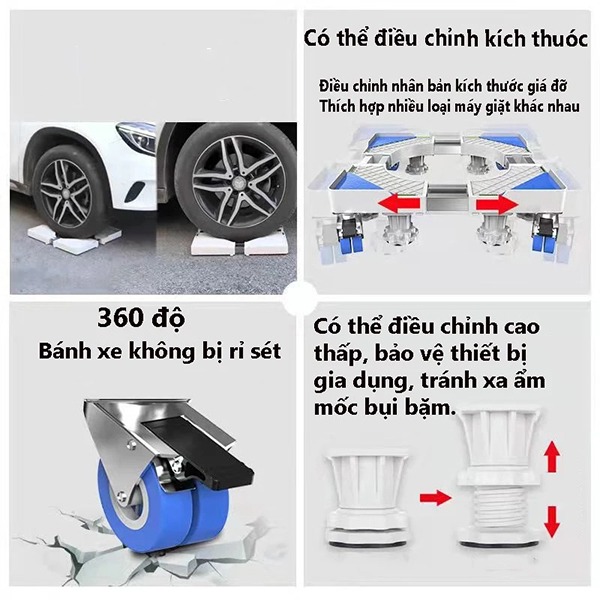 Chân kê máy giặt, tủ lạnh chống rung có 4 bánh xe loại tốt, chắc chắn