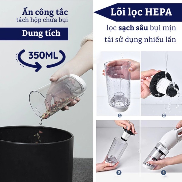 Máy hút bụi không dây nhỏ gọn, lực hút 25000Pa