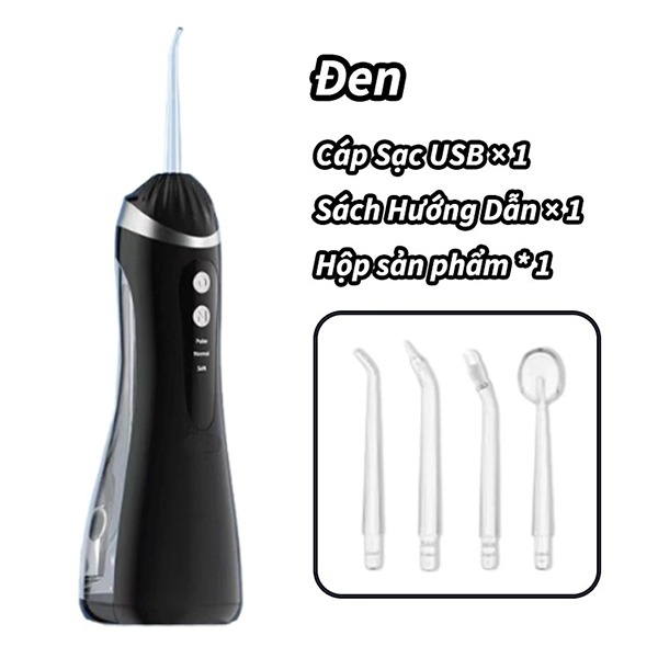 Máy tăm nước không dây dung tích 220ml kèm 4 đầu phun, dây sạc, Màu đen