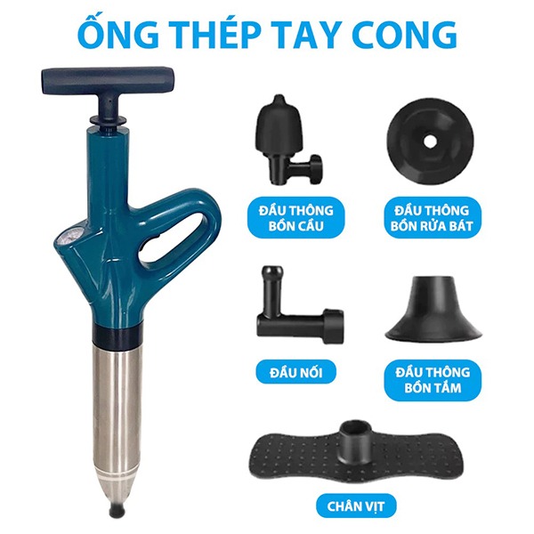 Dung cụ thông tắc bồn cầu ,cống nhà vệ sinh, bồn rửa chén bằng khí nén hiệu quả, Ống thép - Tay cong	