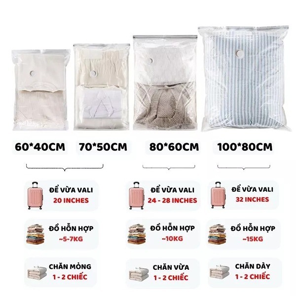 (Tặng bơm tay) Túi hút chân không đựng quần áo, chăn màn, khóa zip kín khí chống mốc, Combo 10 túi 40x60	