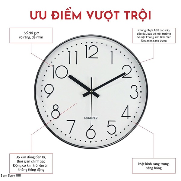 Đồng hồ treo tường 30cm Quartz kim trôi cao cấp, Màu đen viền vàng	