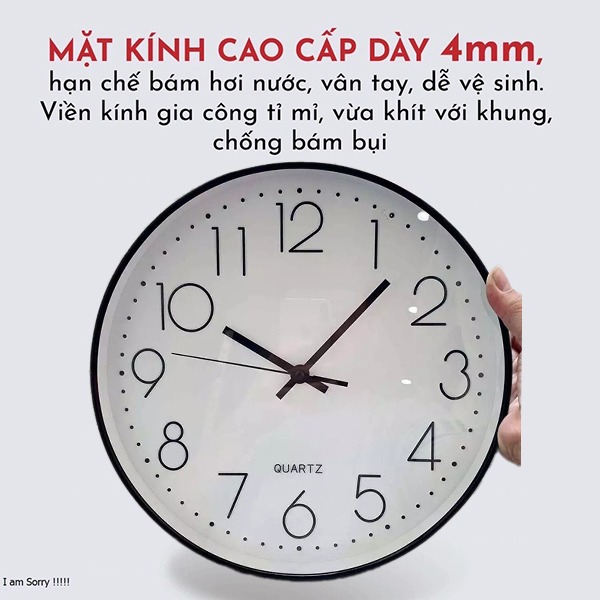 Đồng hồ treo tường 30cm Quartz kim trôi cao cấp, Màu đen viền vàng	
