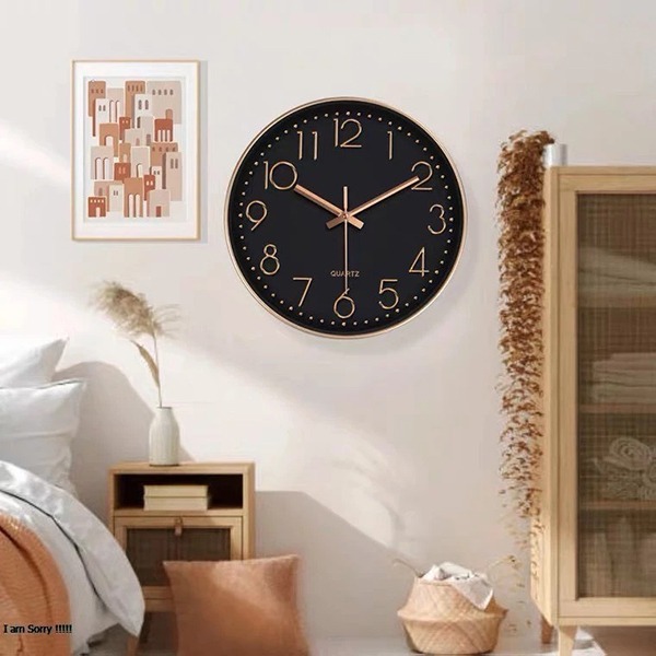 Đồng hồ treo tường 30cm Quartz kim trôi cao cấp, Màu đen viền vàng	