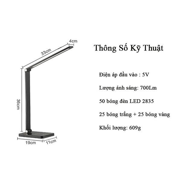 Đèn học để bàn chống cận siêu sáng điều khiển 3 mức sáng và 5 chế độ màu, Màu đen - Bản tiêu chuẩn cắm điện