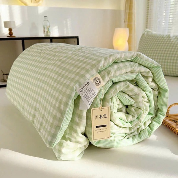 Chăn hè đũi kẻ mềm mịn, mát chần bông xơ đậu nành, Chăn đũi kẻ xanh cốm	