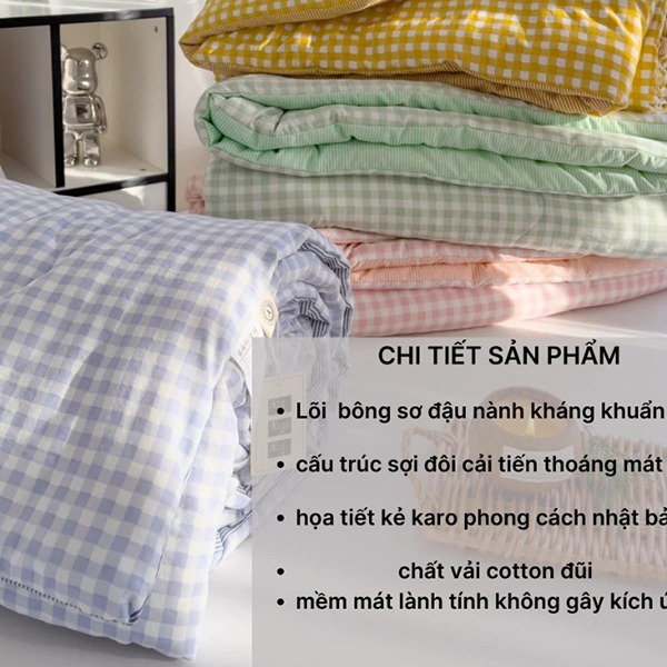 Chăn hè đũi kẻ mềm mịn, mát chần bông xơ đậu nành, Chăn đũi kẻ xanh cốm	