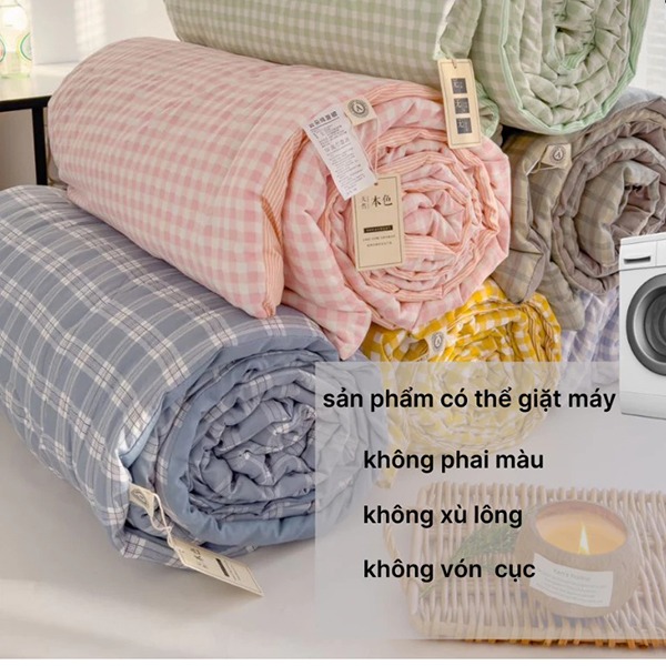 Chăn hè đũi kẻ mềm mịn, mát chần bông xơ đậu nành, Chăn đũi kẻ xanh cốm	