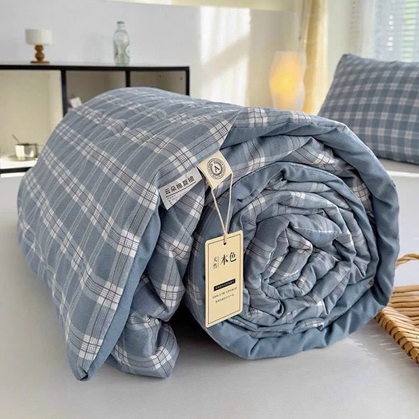 Chăn hè đũi kẻ mềm mịn, mát chần bông xơ đậu nành, Chăn đũi kẻ xanh cốm	