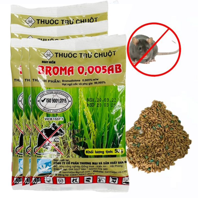 Gói diệt chuột Broma 0,005 AB dạng thóc trộn sẵn (5 gói x 50g)