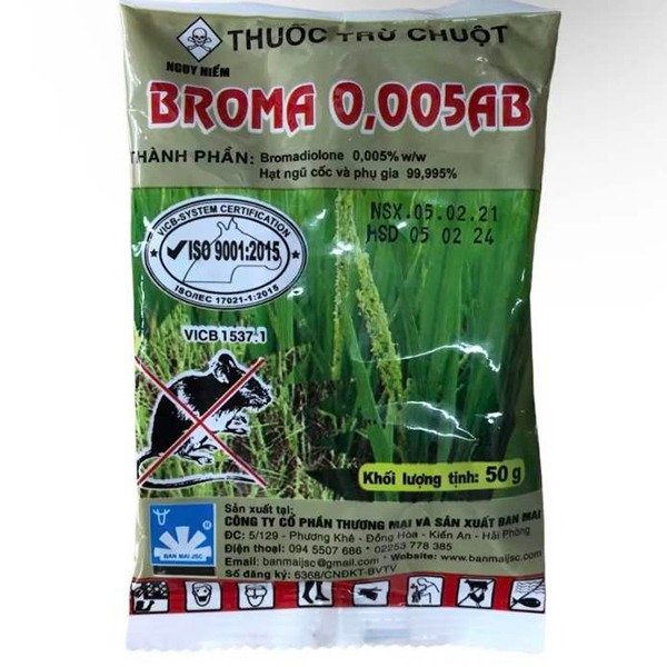 Gói diệt chuột Broma 0,005 AB dạng thóc trộn sẵn (5 gói x 50g)