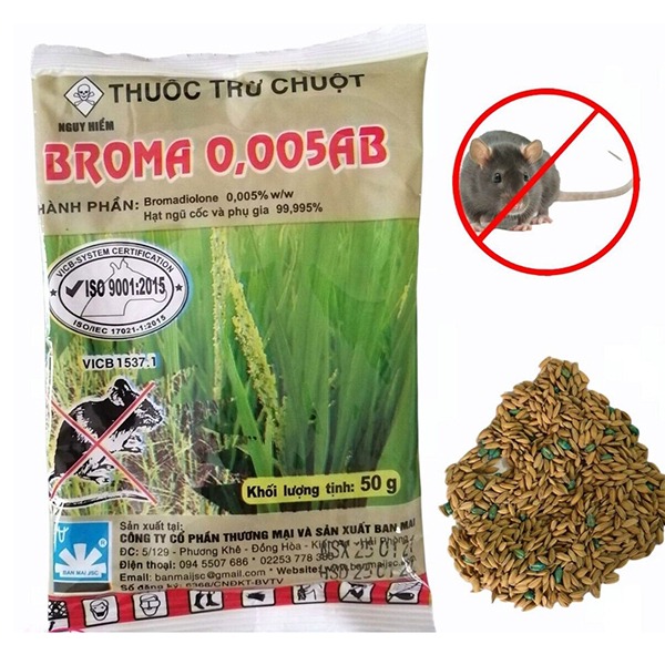 Gói diệt chuột Broma 0,005 AB dạng thóc trộn sẵn (5 gói x 50g)