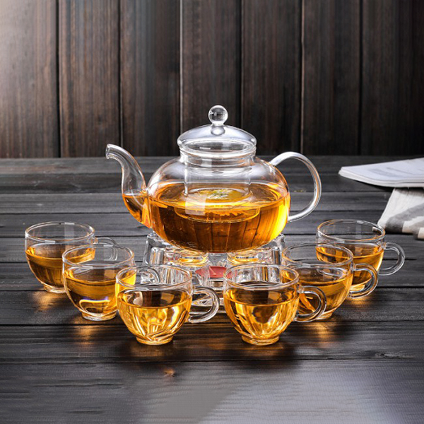 Bộ ấm trà hoa cúc thuỷ tinh chịu nhiệt cao cấp có đế nến tiện dụng, Bộ ấm chén không khay (Có quai)