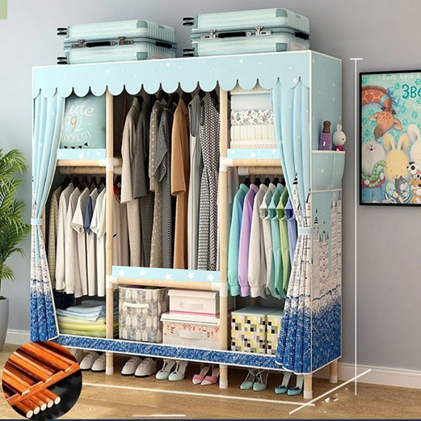 Tủ vải khung gỗ 3 ngăn có lót vải cỡ lớn đa năng, Màu xanh