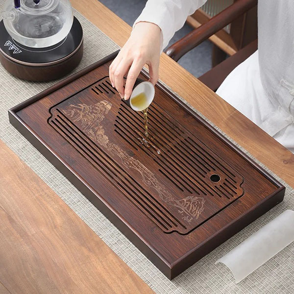 Khay trà tre để ấm chén màu gỗ bền đẹp, KT 30x18x3.8cm	