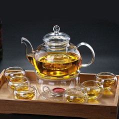 Bộ ấm trà hoa cúc thuỷ tinh chịu nhiệt cao cấp có đế nến tiện dụng