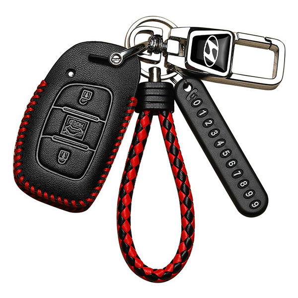 Bao da chìa khóa ô tô cho Hyundai 3 nút bấm cao cấp, Màu đen chỉ đỏ